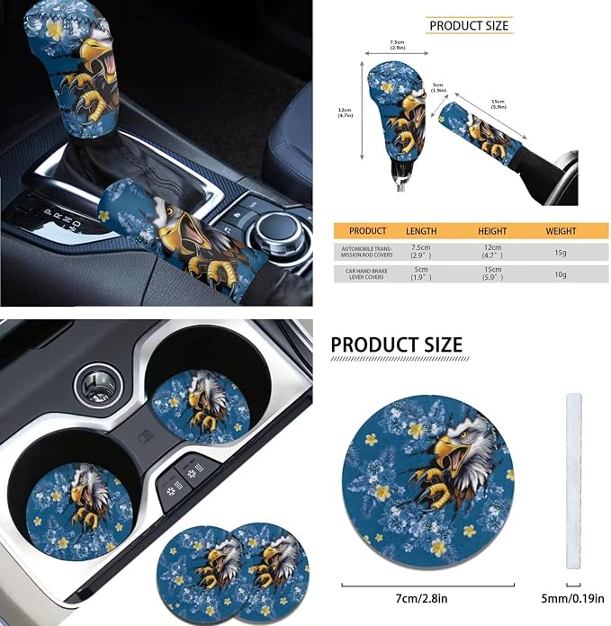 AFPANQZ Eagle Flower 11 Pieces Car Accessories Full Set with Hand Brake Cover + Gear Shift Knob Cover + Seat Belt Pads + Car Coaster + Steering Wheel Cover