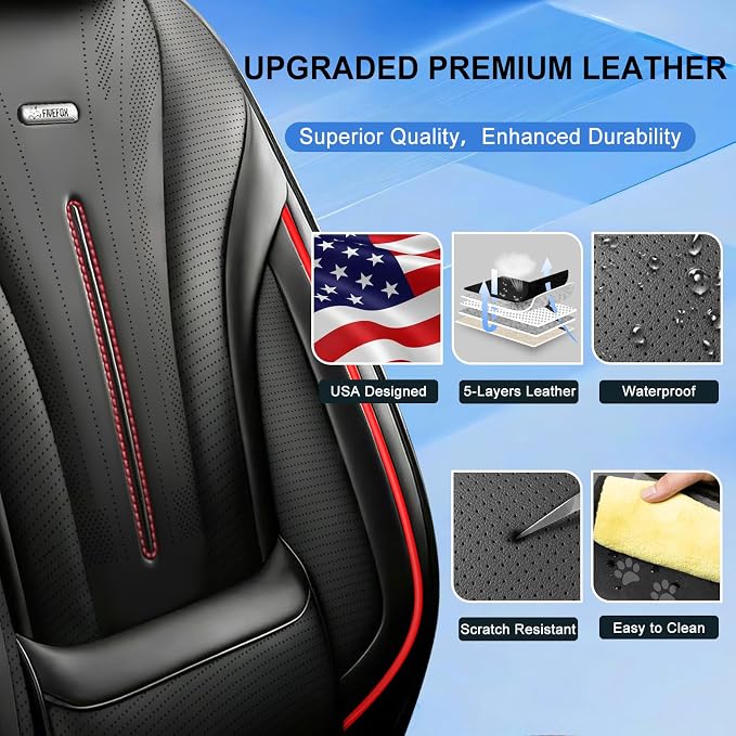 Fit XTS Car Seat Covers (Front Pair) for Cadillac XTS 2013-2019 - Premium Full Coverage Leather, Airbag Compatible & Scratch-Resistant, Waterproof, All Weather Seat Protector, Black+Redline