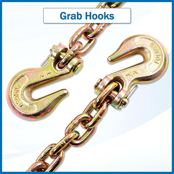 1/2 Inch x 16 Feet Transport Binder Chain G80 Safey Tow Chain with Grab Hooks 12000 Lbs Safe Work Load for Transporting Towing Tie Down Binding Equipment