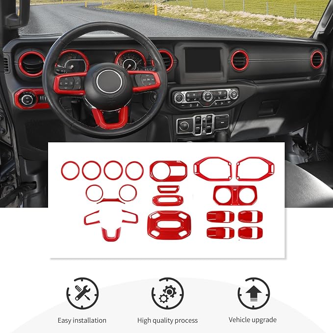 21PCS Red Interior Trim Kits Fit for 2018-2023 Jeep Wrangler JL JLU & Gladiator JT 4Door Interior Decor Accessories Dashboard AC Headlight Switch Roof Speaker Inner Door Bowl Steering Button Frame