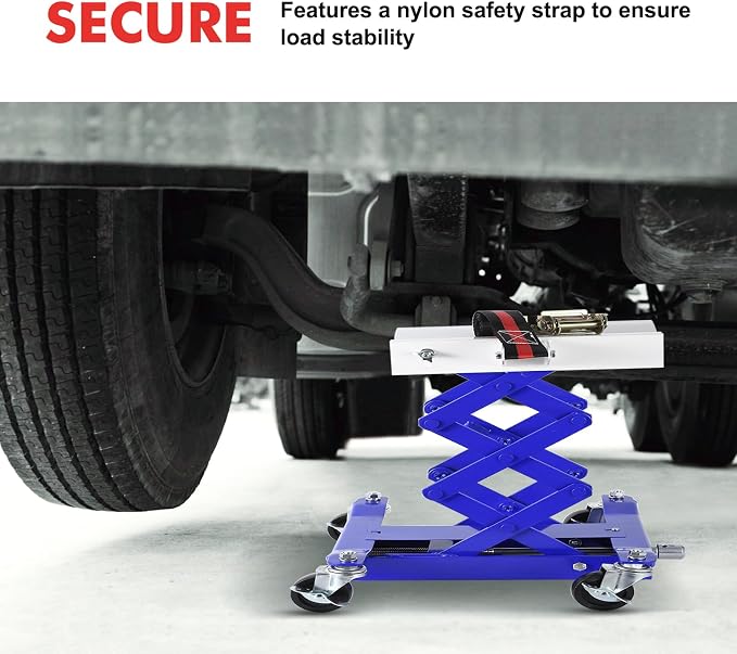 GarveeTech 450 LBS Low Profile Transmission Jack - Heavy-Duty Auto Repair Lift with 7-23 Inch Height Range, 2M Safety Straps & 4 Brake Wheels for Safe, Smooth Repairs - Blue