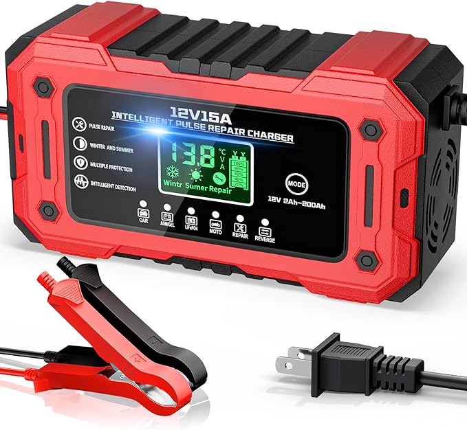 Battery Charger 15A 12V Fully Automatic Smart Trickle Car Battery Charger Maintainer with LCD Display & Temperature Compensation for Car Truck Motorcycle Lawn Mower Boat