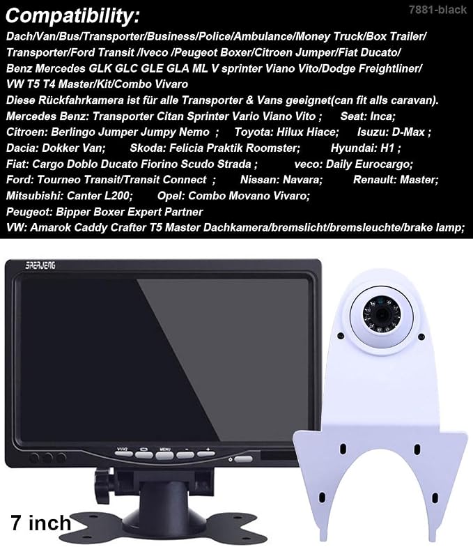Universal Camera Car Top Mount Rear View Reverse Parking Camera,Replacement for Citroen Berlingo Jumper Jumpy Nemo Dacia Dokker Van Nissan Navara HD All RV Models (White Camera with 7 inch Monitor)