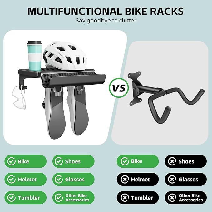 Bike Wall Mount Rack Indoor Bike Storage Garage Bike Rack Wall Mount with Shelf and Hooks Store Your Helmet and Shoes for a Single Road, Mountain or Other Bicycle (Universal Size)