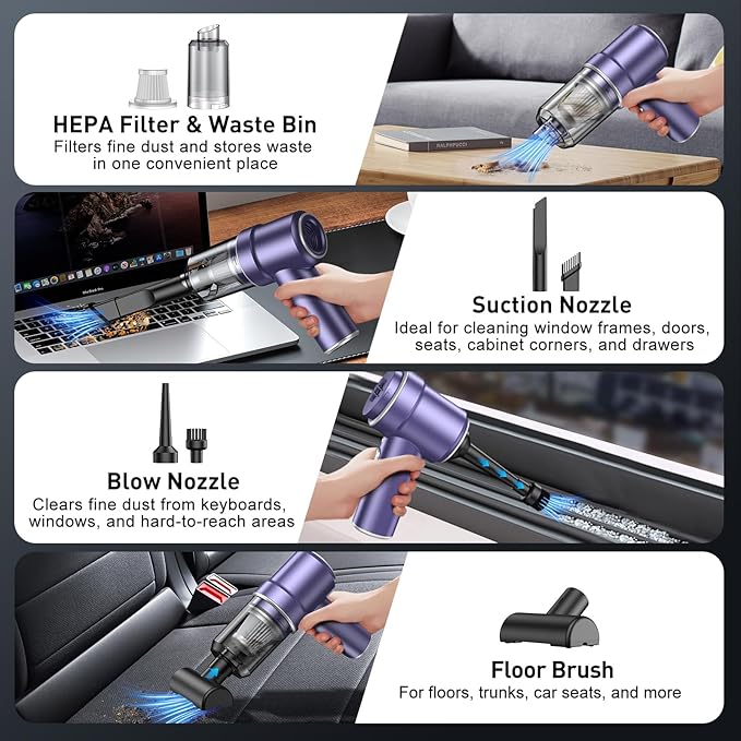 KMM Handheld Car Vacuum Cleaner, 9000PA Vacuum Cleaner & Air Duster, 120W High Power Vacuum Portable Cordless, Hand Held Vacuum Rechargeable with Multi-Nozzles & LED Light for Home, Car, Office