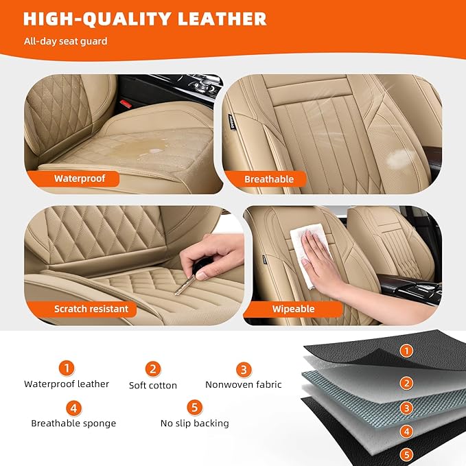 Universal 5-Seater Waterproof Breathable Nappa Leather Car Seat Covers Full Set, Fit for Front Rear Seats, Compatible with Hy-undai Sonata, To-yota Camry, Fo-rd F-150, Fit Most Sedans SUV Beige