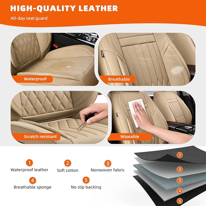 2-Seater Waterproof and Breathable Nappa Leather Car Seat Covers Full Set, Fit for Front Seats of Cars, Compatible with Airbags, Car Seat Protector Covers for Most Cars - Beige