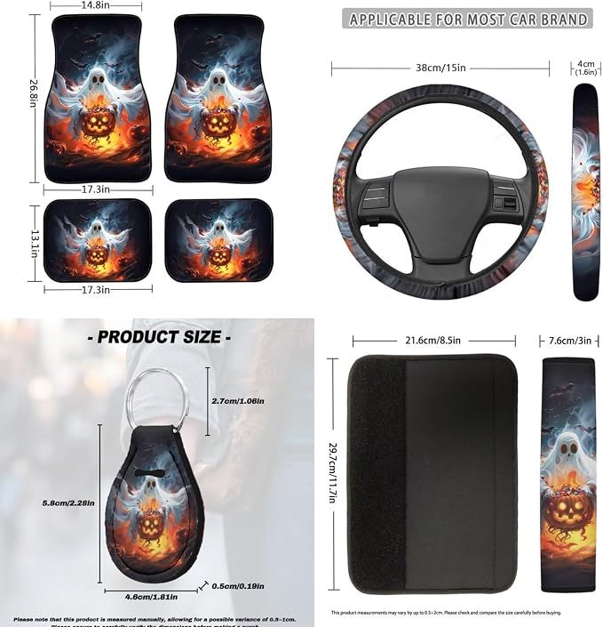Halloween Ghost and Pumpkin Car Seat Covers Full Set with Steering Wheel Cover Floor Mats Armrest Cover Seat Belt Pads Roof Handle Wraps Cup Coaster Keychains 18 Pcs Auto Interior Accessories
