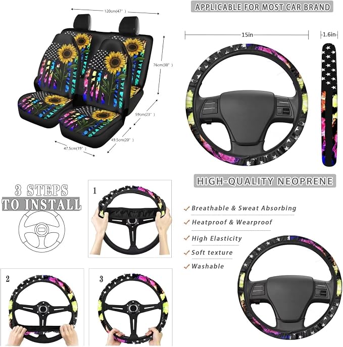 Suobstales Sunflower American Flag Tie Dye Print Car Seat Covers Set of 13 with Universal Steering Wheel Cover, Rearview Mirror Cover, Car Trash Can, Seatbelt Pads, Cup Holder Coasters, Keychains