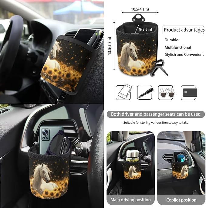 Horse Sunflower Print 15Pcs Car Seat Cover Full Set Car Steering Wheel Cover Seat Belt Cover Trash Bin Air Vent Storage Box Front Rear View Mirror Car Cup Holder Keychain, Black