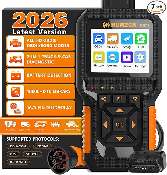 Heavy Duty Truck Scanner NC601, Diesel Diagnostic Scan Tool & Code Reader for Cummins, Freightliner, Detroit, Volvo, Paccar, 2 in 1 Truck & Car Engine Code Reader/OBD2 Scanner