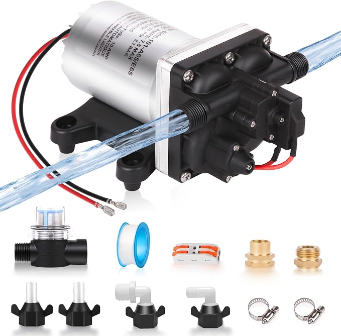 12V RV Water Pump 4008-101-A65/E65 | 3.0 GPM - 55 PSI | Camper RV Water Pump | Self-Priming & Quiet Diaphragm Pump | Thermal Protection & Dry Run Safe | Includes Twist-On Strainer + Quick Fittings