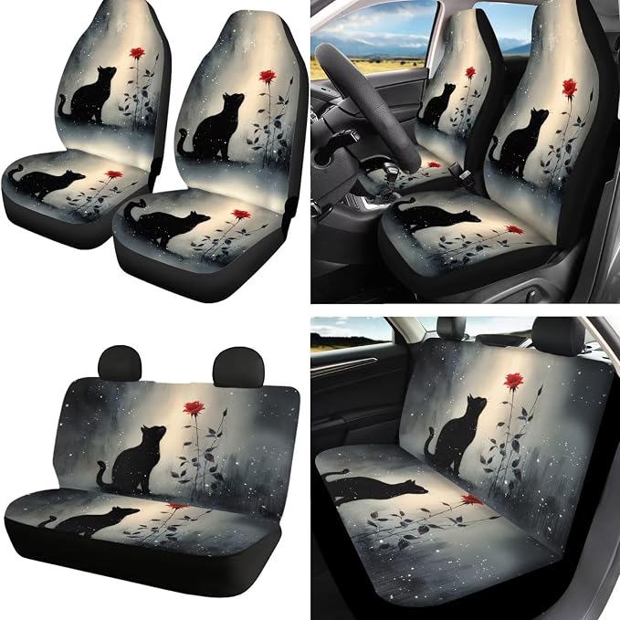 Cat Rose Print Car Seat Cover for Front and Back Seats with Headrest Covers Steering Wheel Cover Safety Belt Pads Armrest Cushion Gear Shift Lever and Handbrake Covers Keychain