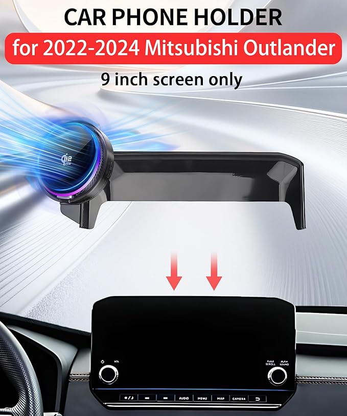Qi2.2 25W Magnetic Car Mount Charger for 2022 2023 2024 Mitsubishi Outlander Accessories, for Fast Charging Cell Phone Holder 9 Inch Screen Fixed Clip with Cooling Fan＆54W Fast Adapter