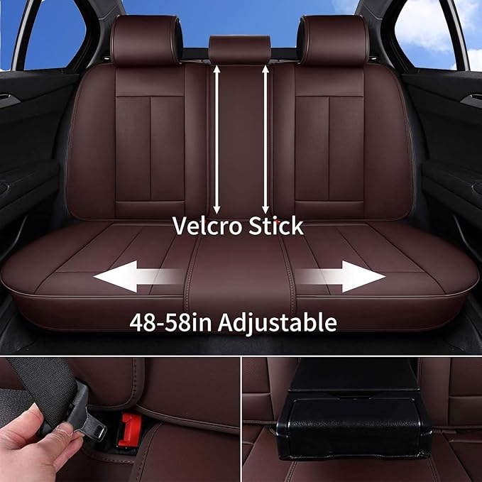 Coverado Front and Back Seat Covers, Waterproof Nappa Leather Auto Seat Protectors Full Set with Head Pillow, 5 Pieces Universal Car Accessories Fit for Most Sedans SUV Pick-up Truck, Brown