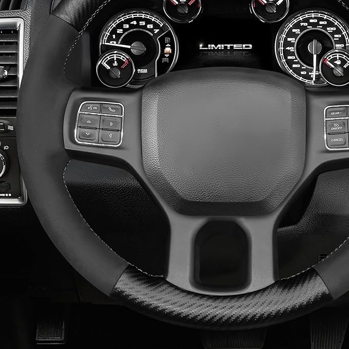 MEWANT Hand Stitch Black Matte PU Carbon Fiber Suede Steering Wheel Cover for Dodge RAM 1500 1500 Classic 2500 3500