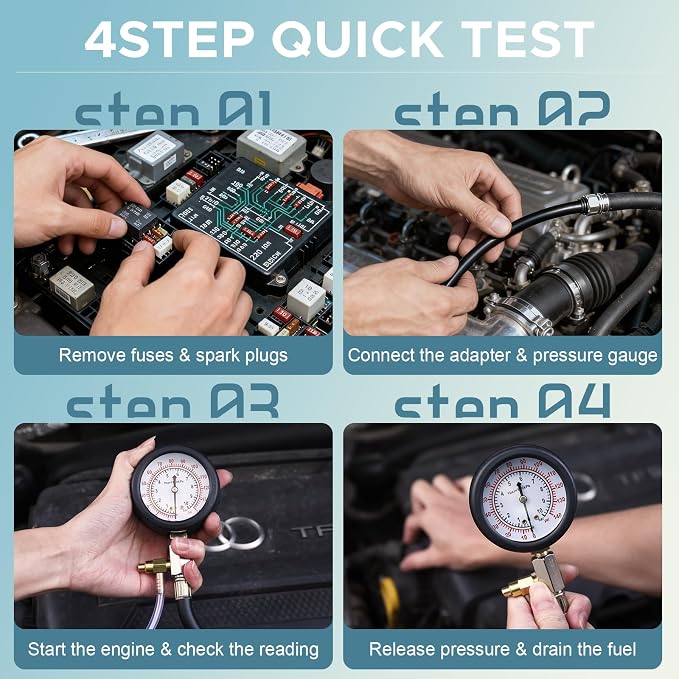 Fuel Pressure Tester Kit 0–140 PSI, Fuel Injection Pressure Tester & Fuel System Pressure Gauge Kit with Hoses and Adapters for Gasoline Cars Trucks Motorcycles（Red）