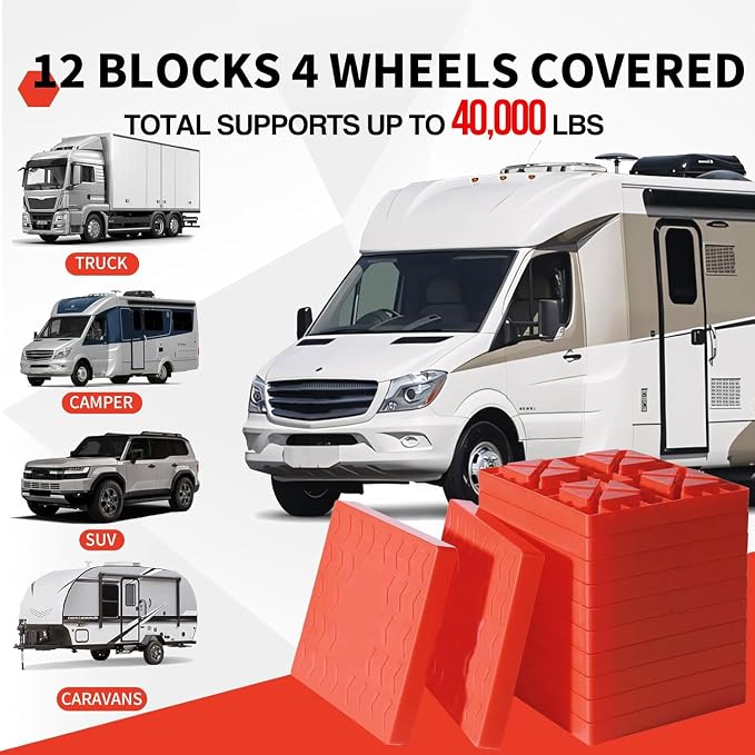 12 Pack Camper/RV Leveling Blocks Suitable for 4 Wheels Interlocking and Anti-Slip Design with Carrying Bag Heavy-Duty for Camper Travel Trailer Red