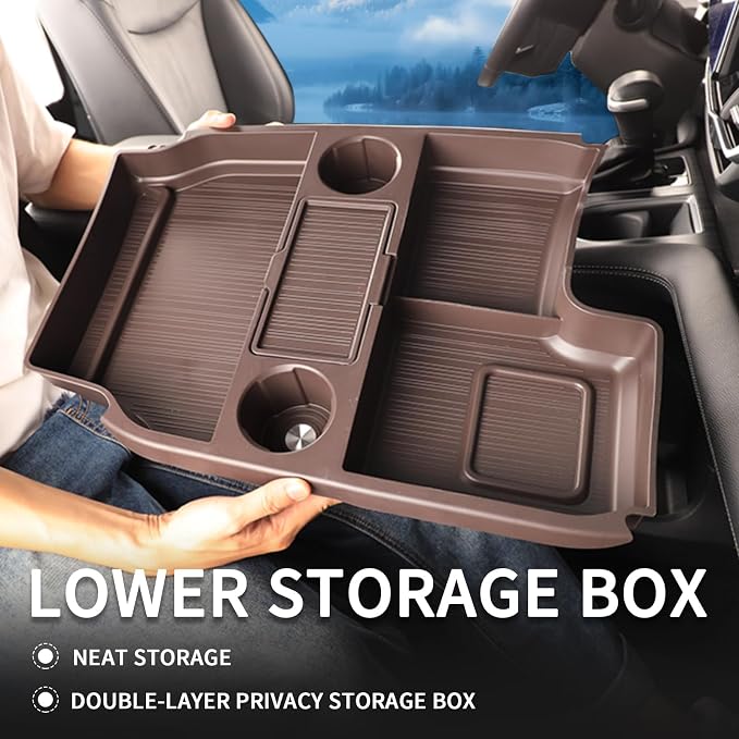 Compatible with 2026 Toyota Sienna Center Console Organizer with Cup Holder, Lower Storage Box Accessories (TPE Material with Original car Wood Grain (Compatible with 2021-2026 Toyota Sienna), Brown)