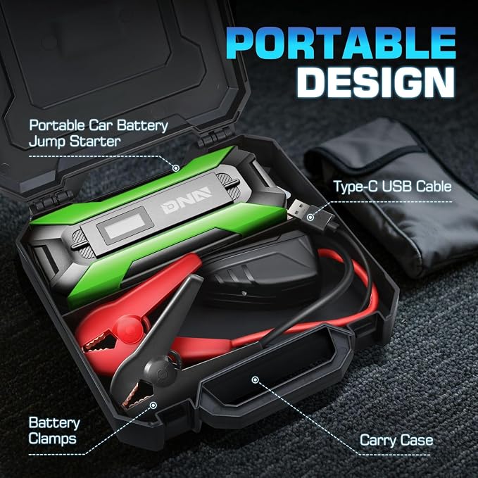 ‎DNA Motoring TOOLS-00266 12V 1500A 15000 mAh Multi-Function Portable Car Battery Jump Starter for Up to 7.0L Gas & 5.5L Diesel Engine, with Carry Case, Green