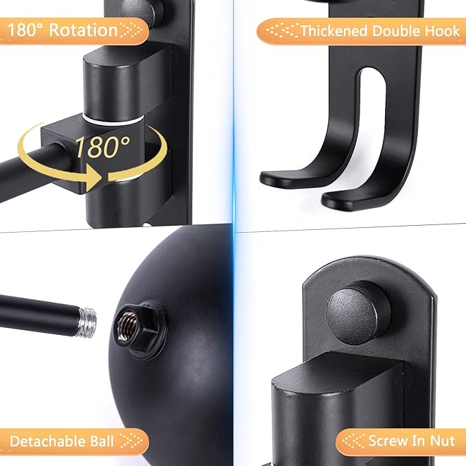 Kikerike Motorcycle Helmet Rack Wall Mount 180 Degree Rotation Metal Bike Helmet Holder Bicycle Helmet Display Stand with 2 Hooks for Motorcycle Bike Baseball Rugby Helmets - Black, 2 Pcs
