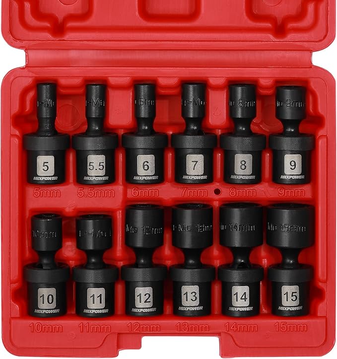 MIXPOWER 12 Pieces 1/4" Drive Metric Shallow Universal Impact Socket Set, CR-MO, Swivel Socket with Flexible Wobble, 5mm - 15mm