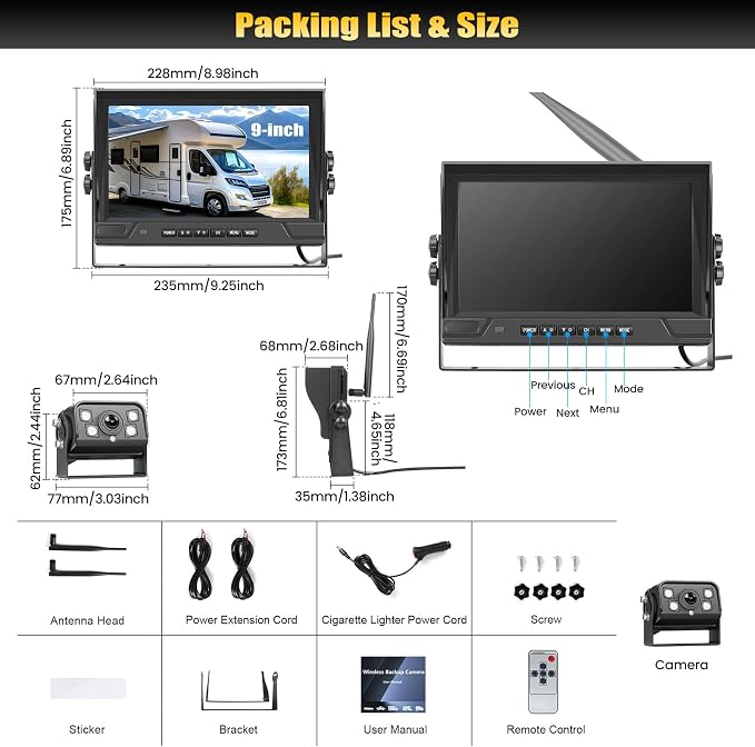 9" Wireless Backup Camera with IPS Full Touchscreen, RV Backup Camera for 360° DVR, Recording 4-Channel Split Screen, Night Vision, IP68, Blind Spot Aler, Back up Camera Systems for Truck Trailer