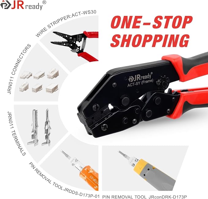 JRready ST6545 Mini-Fit Jr. Ratchet Crimper Pin Extractor Tool Kit with 100Pairs Terminals 18-24AWG Electrical Automotive Wire Pin and Socket Standard Molex 4.2mm Pitch