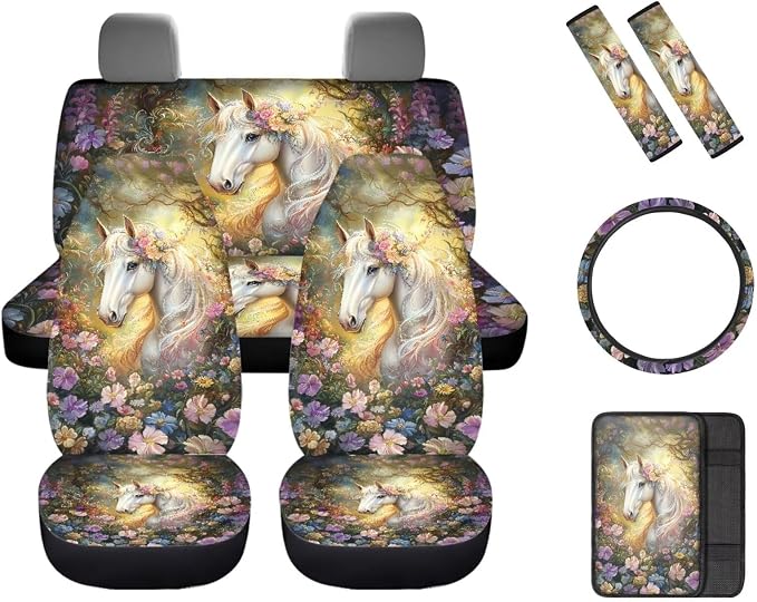 Beautiful White Horse Car Interior Accessories Set for Women, Car Seat Cover Full Set with Automotive Steering Wheel Cover Auto Center Console Pad Seat Belt Pads