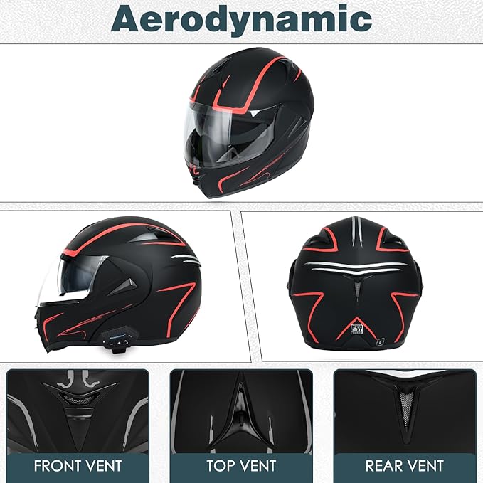 Motorcycle Bluetooth Modular Helmet, DOT Approved Dual Visor Full Face Flip Up Bluetooth Integrated Motorcycle Helmet for Adults Men and Women