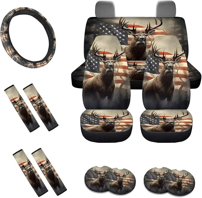 Deer American Flag Pattern Car Accessories Pack of 13, Auto Front and Rear Seat Cover Full Set, 1 Steering Wheel Cover, 4 Seat Belt Cover, 4 Cup Holder Coasters Universal Fit for Most Cars