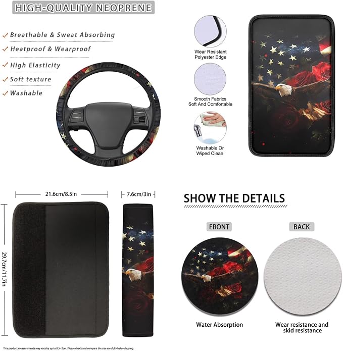 Lotusorchid Eagle Rose Print Car Accessories Full Set American Flag Print Car Front Back Seat Covers Safety Belt Pads Headrest Cover Armrest Pad Gear Shift Knob Protector Cup Holder Coaster