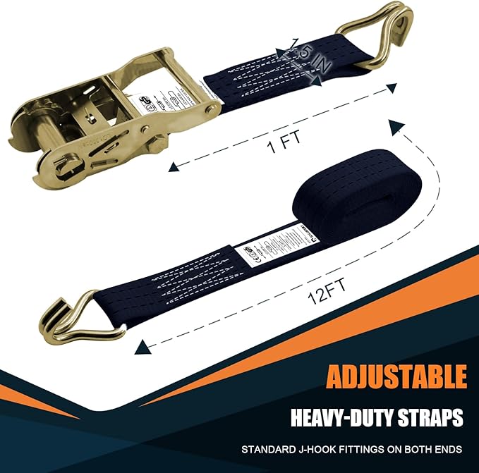 1.5 inch Ratchet Straps Heavy Duty 8 Pack 1-1/2 in x 12ft Cargo Load Tie Down Strap Double J Hook Black 2200lbs Working Load for Trucks