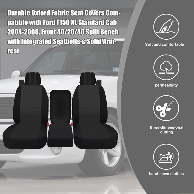 Front Durable Fabric Seat Covers for Ford F150 XL XLT Standard Cab 2004 2005 2006 2007 2008, Front 40/20/40 Split Bench with Integrated Seatbelts & Solid Armrest-Black
