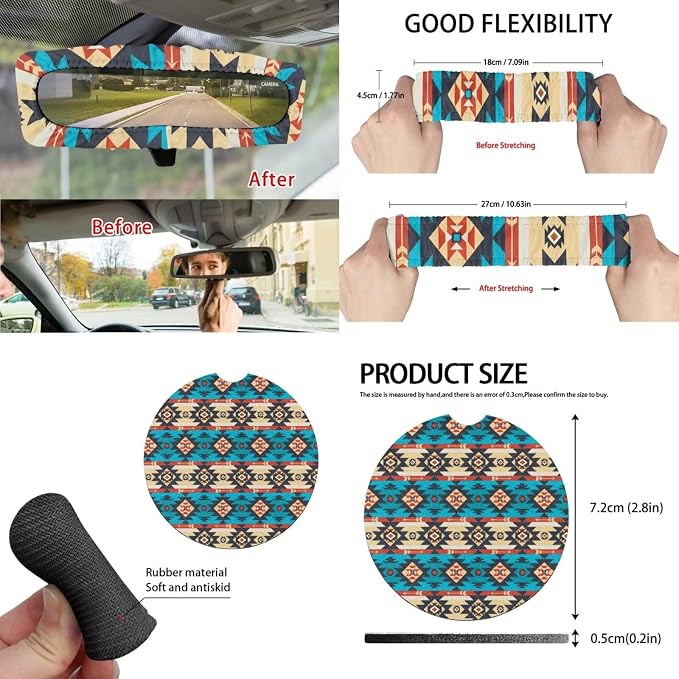Southwest Aztec Blue Car Seat Covers Set of 15 with Universal Steering Wheel Cover, Rearview Mirror Cover, Car Trash Can, Seatbelt Pads, Cup Holder Coasters, Keychains