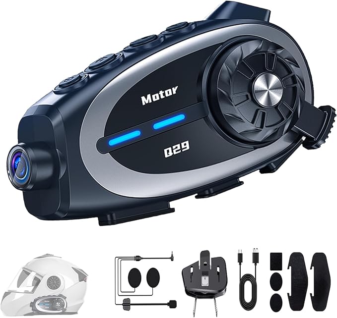 Motorcycle Helmet Intercom with Camera 1080P – Wireless5.4 Helmet Headset with WiFi, Voice Assistant, Support 1600FT Intercom, Noise Reduction, IP56 Waterproof, 1500mAh Battery, Music Sharing