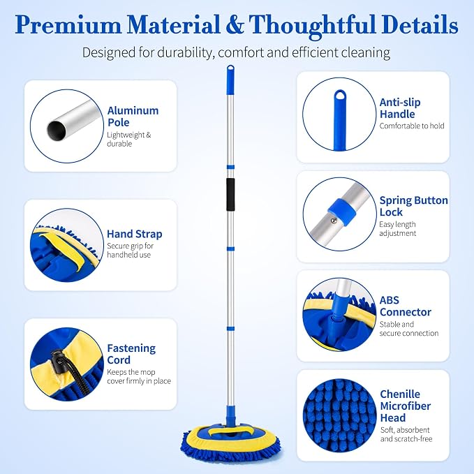 Car Wash Brush with Long Handle - 62" Car Wash Kit with Chenille Microfiber Cleaning Brush, Car Washing Mop with 3 Replacement Mitts, Scratch-Free Scrub Washer Wand for Vehicles, RV, Truck Blue