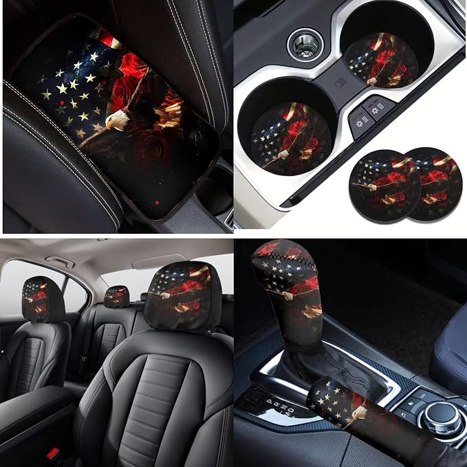 Lotusorchid Eagle Rose Print Car Accessories Full Set American Flag Print Car Front Back Seat Covers Safety Belt Pads Headrest Cover Armrest Pad Gear Shift Knob Protector Cup Holder Coaster