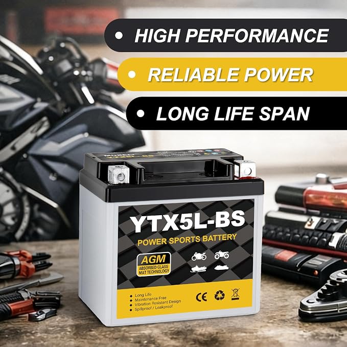 DaakmaxYTX5L-BS Motorcycle Battery 12V 4Ah, 80 CCA Sealed AGM Rechargeable Maintenance Free Battery, Replacement for ATV, 4 Wheeler, Scooter, Dirt Bike