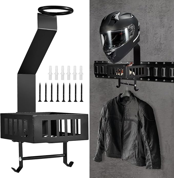 E Track Motorcycle Helmet Holder with Tray ＆ Hooks, Universal Wall Mount Helmet Rack for Garage or Workshop Organization