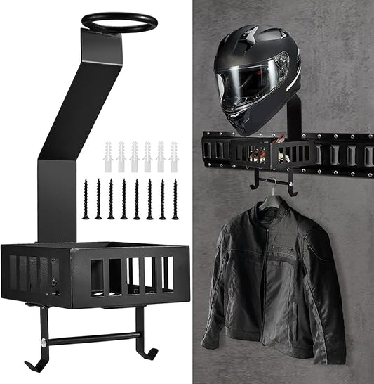 E Track Motorcycle Helmet Holder with Tray ＆ Hooks, Universal Wall Mount Helmet Rack for Garage or Workshop Organization