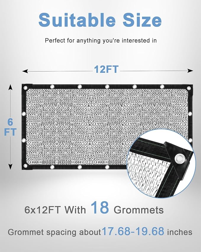 vensovo 40% Aluminum Shade Cloth - Reflective Aluminium Shade Netting Sun Shade Cover with Grommets for Cars, Dogs, Outdoor, RV, Patio (6x12FT)