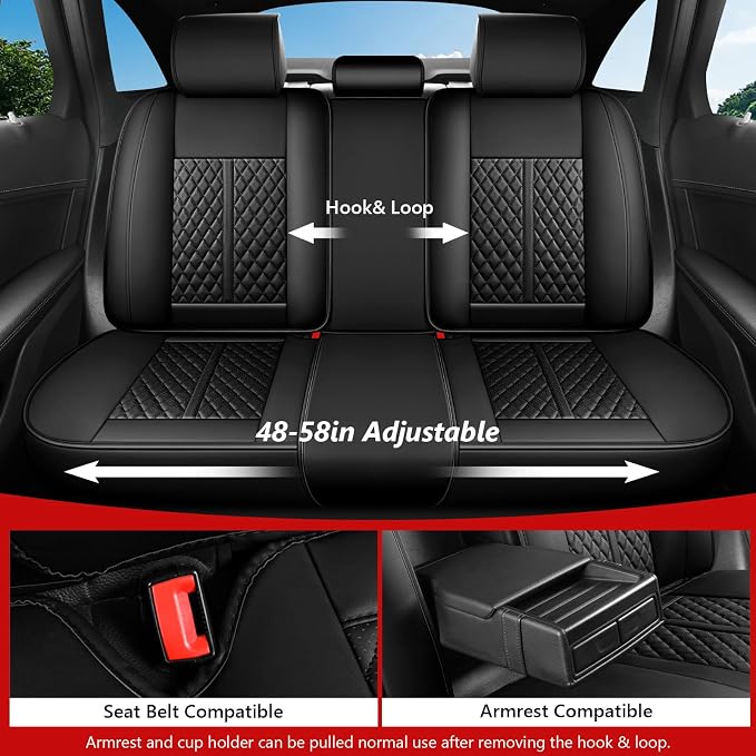 otoez Leather Car Seat Covers Full Set, Breathable Waterproof Nappa Leather Front Rear Car Seat Protectors with Lumbar Support, Universal Automotive Seat Covers for Most Cars SUV Truck Sedan (Black)