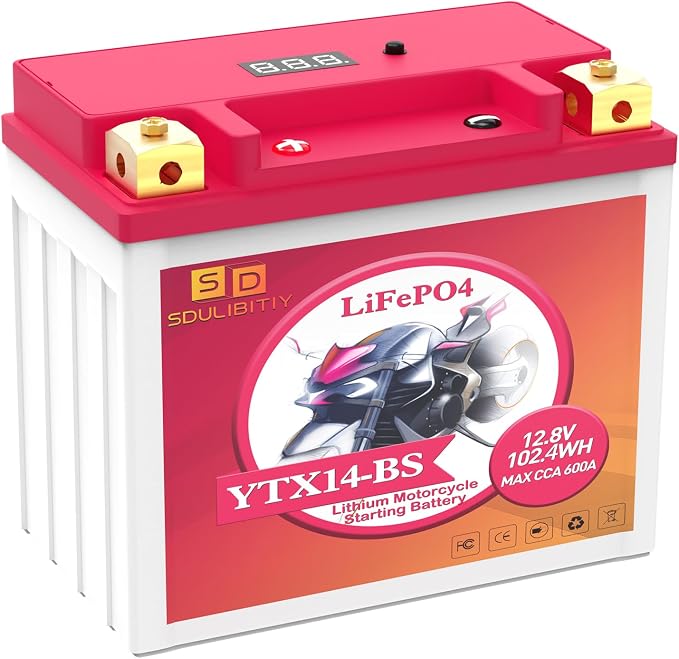 YTX14-BS Lithium Motorcycle Battery, ATV Battery 12V 8AH 600CCA Powersports LiFePO4 Engine Start Compatible ATV, UTV, Jet Ski, Quad, Lawn Mower, Tractor, Scooter, Generator