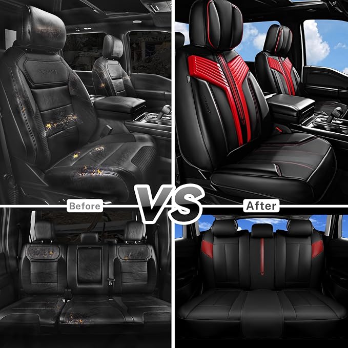 CAR PASS Nappa Leather Seat Covers, Breathable Waterproof Car Seat Covers Full Set, Luxury Leather Front and Back Seats Full Coverage, Universal Fit SUV Pick-up Truck Sedan Automotive(Black Red)
