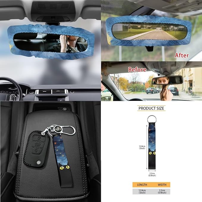 15Pcs Car Seat Cover Full Set Car Steering Wheel Cover Seat Belt Cover Trash Bin Air Vent Storage Box Front Rear View Mirror Car Cup Holder Keychain, Cute Cat Starry Night