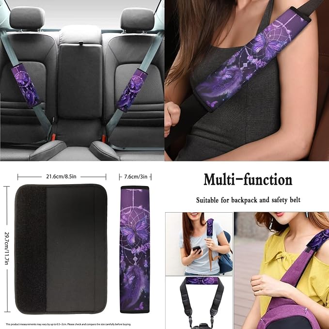 Purple Dream Catcher Butterfly Car Seat Covers Full Set 8 Pcs Car Accessories for Women Front Seat Cover Steering Wheel Armrest Cover Seat Belt Cover for Auto SUV Interior Decoration