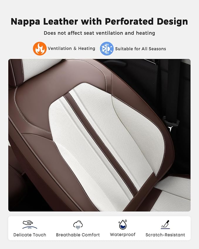 Huidasource Coffe White Front Seat Covers Luxury Faux Leather Front Car Seat Cover, Compatible with Airbags, Seatbelt Buckles, Perforation, Cooling＆Heating Universal Fit for Most Cars Vans Trucks SUVs