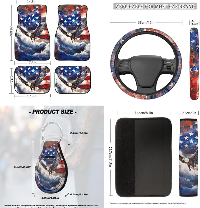 18pcs Car Accessories Set Car Seat Covers Steering Wheel Cover Auto Floor Mats Armrest Pad Covers Seat Belt Pads Roof Handle Wraps Cup Coaster Keychain (Eagle American Flag Design)