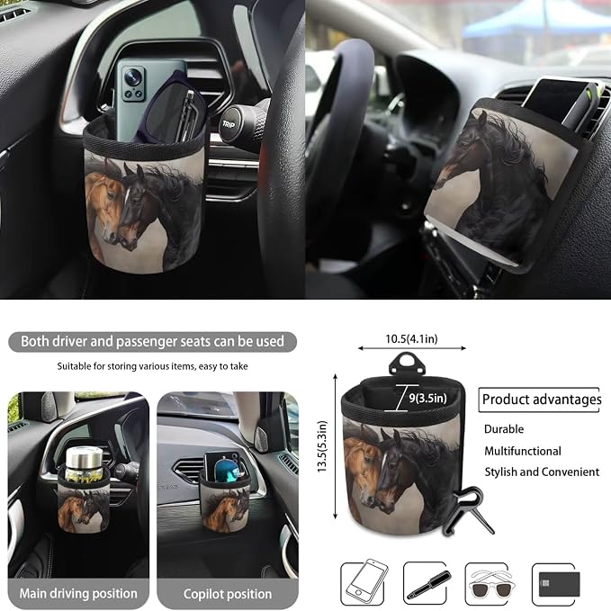 Horse Pattern Print Auto Accessories Set of 10, Car Font and Back Seat Covers Full Set Steering Wheel Cover Cup Coasters Keychain Car Trash Can Air Vent Storage Pounch for Women Men